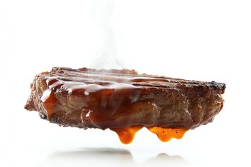 Succulent Steak with Sauce: A close-up shot of a perfectly grilled steak, glistening with rich, flavorful sauce. Steam rising, the image highlights texture and savory elements.