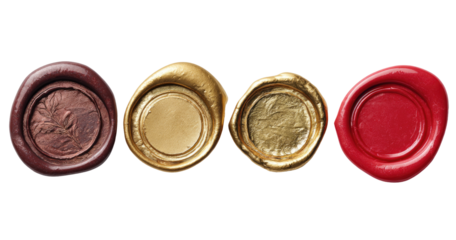 Four wax seals,  brown, gold, gold, red,  close-up,  isolated