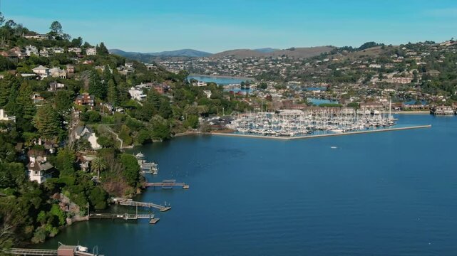 Belvedere Tiburon, San Francisco, California, USA. An elevated view of hillside homes overlooking a marina filled with sailboats on a sunny day. The scene captures the beauty of coastal living.