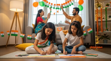 A loving Indian family celebrating Independence Day at home, children drawing the Indian flag, parents decorating the living room with tricolor ornaments, cozy and warm lighting