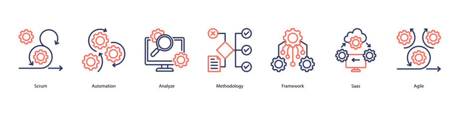 DevOps automation web banner icon vector illustration with agile automation, analytics, methodology, framework design, SaaS integration, agile teamwork, and feature releases.