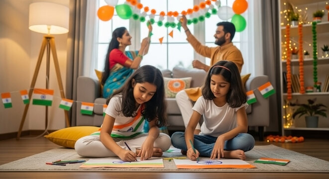 A loving Indian family celebrating Independence Day at home, children drawing the Indian flag, parents decorating the living room with tricolor ornaments, cozy and warm lighting