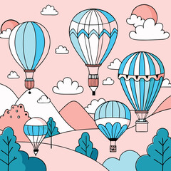 Hot air balloons floating over pastel landscape with trees and clouds travel adventure