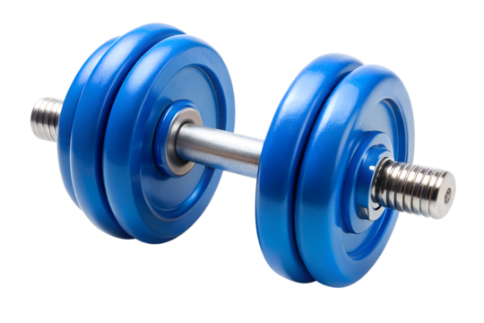 A single blue dumbbell with chrome accents, isolated on a clean transparent background for fitness and exercise
