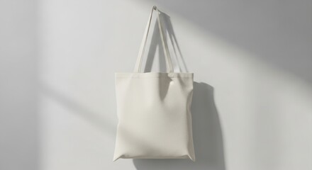 White Canvas Tote Bag Hanging on Wall with Shadow and Natural Light