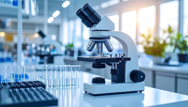 A modern compound microscope sits on a lab bench amongst test tubes and other lab equipment, bathed in soft, natural light