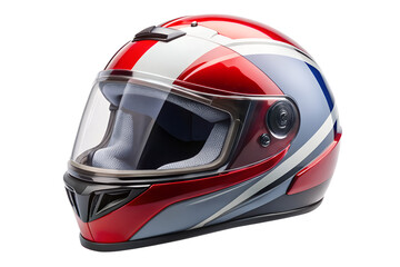 Fototapeta premium A sleek motorcycle helmet with a red, white, and blue striped design and a clear visor, isolated on a transparent background