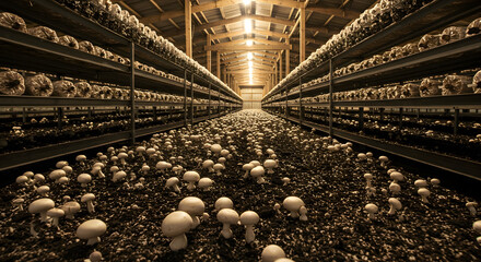 Indoor Mushroom Farm with Rows of Cultivated Mushrooms in Warm Lighting