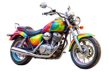 Obraz premium A custom motorcycle with a vibrant rainbowcolored fuel tank and chrome accents, isolated on a transparent background
