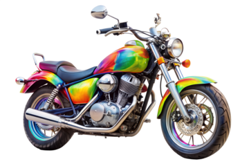 A custom motorcycle with a vibrant rainbowcolored fuel tank and chrome accents, isolated on a transparent background