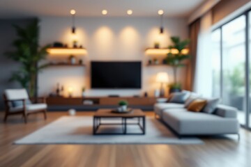 Blurry interior view of a modern living room.