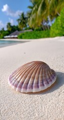 Seashell rests on white sand beach with blurred background of lush greenery and turquoise water under a blue sky. Light play highlights textures