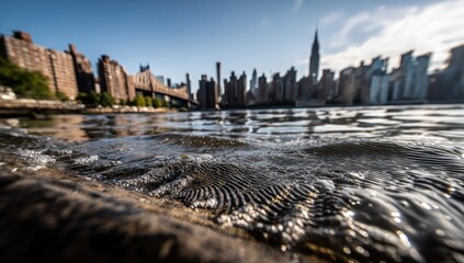 Ripples in water against a blurred cityscape background with tall buildings and a bridge under a clear blue sky