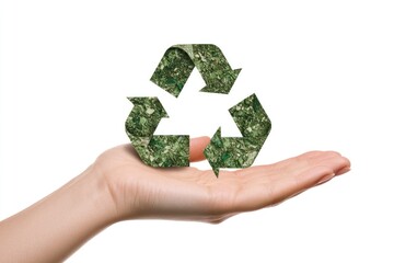 Environmental Stewardship: A hand cradles a recycling symbol against a backdrop of sustainability, showcasing eco-friendly practices and the power of preservation. 