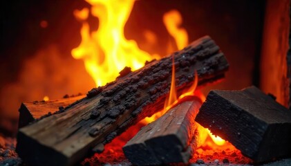 Close-up of vibrant flames engulfing a stack of seasoned firewood, creating a warm and inviting ambiance Perfect for autumn, winter, or cozy home themes , element, home