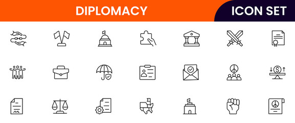 Diplomacy vector line icons featuring handshake, peace symbols, globes, negotiations, treaties, communication, alliances, embassies, international relations, and conflict resolution elements.