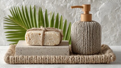 Natural spa setting with soap, dispenser wrapped in twine, and palm leaf on a woven tray, against a textured white backdrop