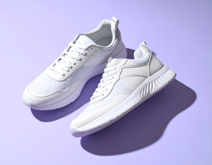 A stylish pair of white fashion sneakers mockup placed diagonally on a pastel violet backdrop, creating a bold, clean shadow for product display.
