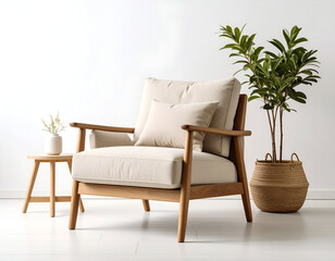 A modern neutral grey armchair with a low profile and clean stitching, isolated on a white background for contemporary interior design.