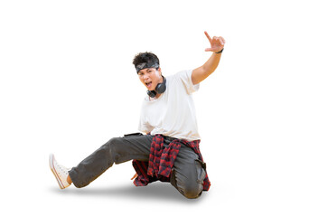 Dynamic dancer striking a pose on a bright background. His body posture expresses a sense of creativity and fun on png background