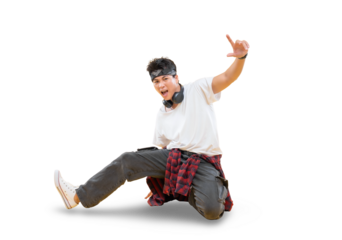 Dynamic dancer striking a pose on a bright background. His body posture expresses a sense of creativity and fun on png background