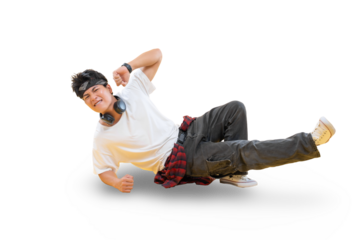 A breakdancer performing a dynamic pose on a white background