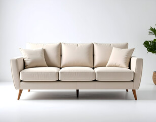 A modern beige sofa with clean lines and a minimal design, isolated in a white room for a contemporary lifestyle or interior concept.