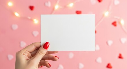 Obraz premium Hand Holding Blank White Card with Heart Decorations and Fairy Lights on Pink Background