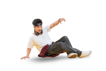 A dancer in action performing breakdance on png background