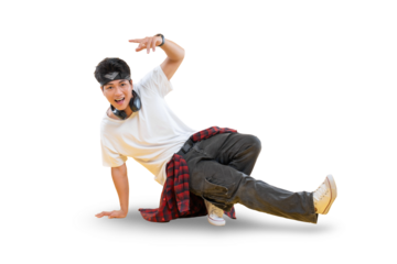 A young breakdancer performing a stylish move, showing off his talent and energy on a white background.