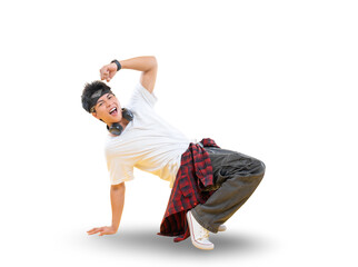 A young man breakdancing with energy and expression, showcasing his dance moves on png background