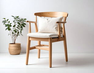 An elegant Scandinavian-style armchair crafted from natural birch wood with a soft linen cushion, isolated in a minimalist interior on a pure white background.