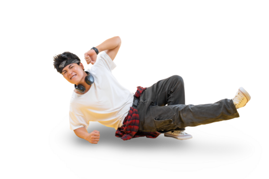 A breakdancer performing a dynamic pose on a white background