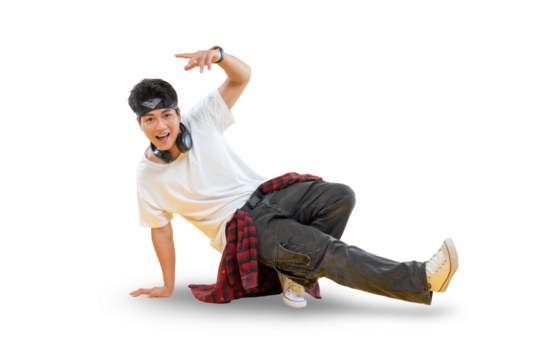 A young breakdancer performing a stylish move, showing off his talent and energy on a white background.