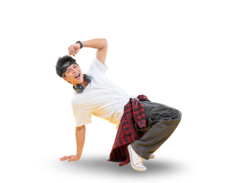 A young man breakdancing with energy and expression, showcasing his dance moves on png background