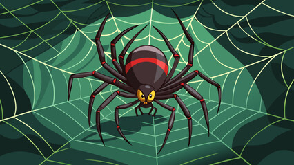 Illustration of a black spider with red markings on a web against a green shaded background