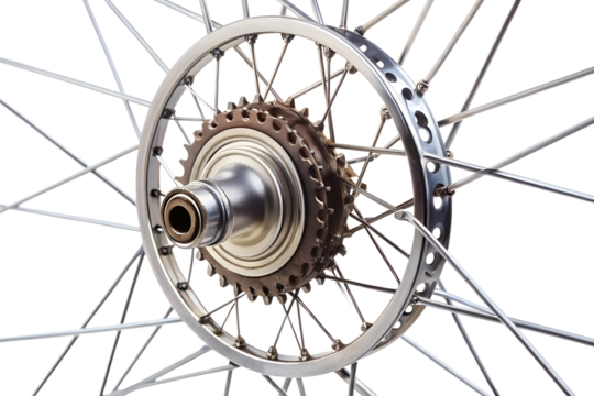 A detailed closeup of a bicycle rear wheel, showcasing the hub, cassette, and numerous spokes, isolated on a transparent background
