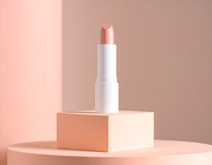 A matte lipstick tube mockup standing on a pastel peach pedestal under soft, elegant lighting for cosmetic branding and product display