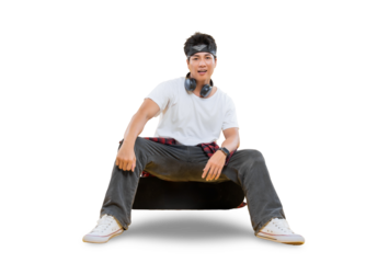 Young male with headphones and looking to the camera on the transparent background