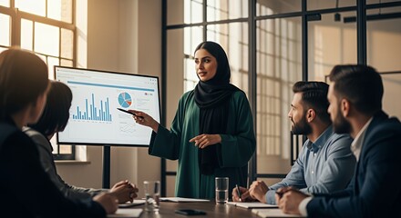 A confident businesswoman in a hijab presents financial data to a diverse group of colleagues during a productive meeting.