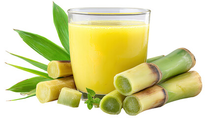 Fresh sugarcane juice in glass, beside cut sugarcane stalks, natural background