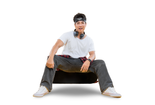 Young male with headphones and looking to the camera on the transparent background