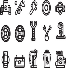 A collection of black and white outline icons depicting various mechanical and automotive components tools