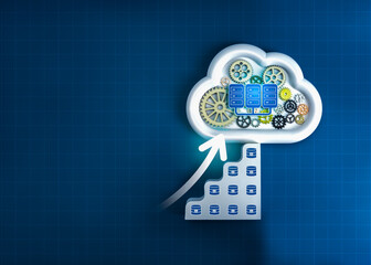 AI data center market, cloud computing, industry development, technology growth concept. Arrow rise on growth AI database and data center symbol on cloud shape with gear workflow, blue net background.