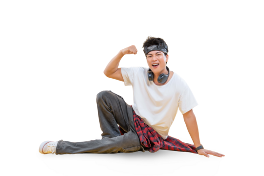 A young man flexing his muscles and showcasing his strength on png background - Powered by Adobe