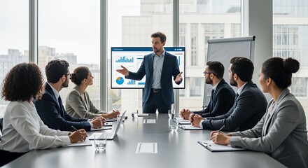 A confident businessman presents financial data to a diverse team of attentive colleagues during a productive meeting.