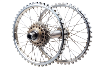 Two bicycle wheels with sprockets and hubs are displayed against a transparent background