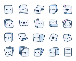 Paper face character set kawaii style smiling notes happy memos cute school pages office documents daily messages positive reminders and sheet
