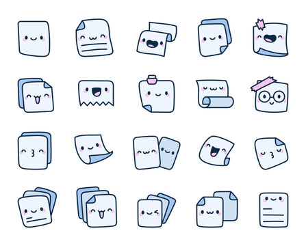 Paper face character set kawaii style smiling notes happy memos cute school pages office documents daily messages positive reminders and sheet