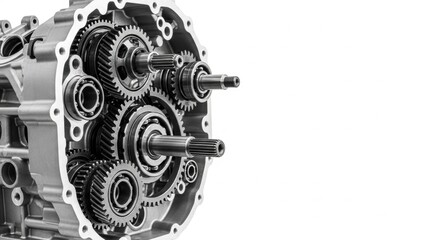 Obraz premium Intricate Gearbox Assembly: Precision Engineering in Silver and Black, Isolated on White